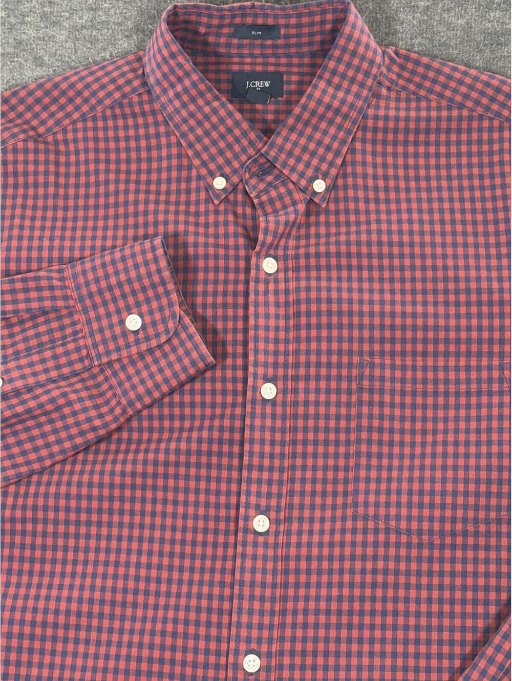 J. Crew Men's Lg Button Down Long Sleeve Oxford Shirt Red Navy Gingham Slim Fit